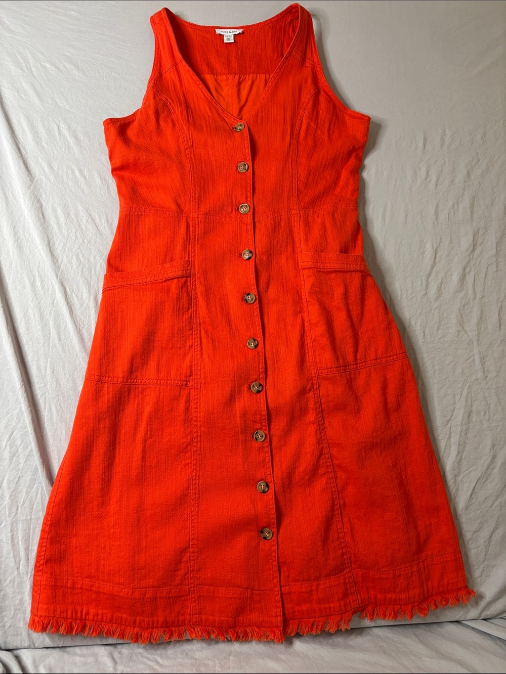 Pure Navy V-Neck Button-Front Sleeveless A-line Orange Sundress Large Lined